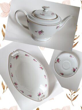 [HUTSCHENREUTHER] "Evelyn" White, Gold, and Country Rose Teapot with Dishes